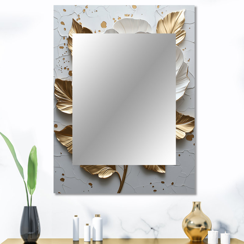 Pivoine blanche et dorée Blooming III - miroir unique pivoine, grand miroir mural blanc, impression d'art en métal