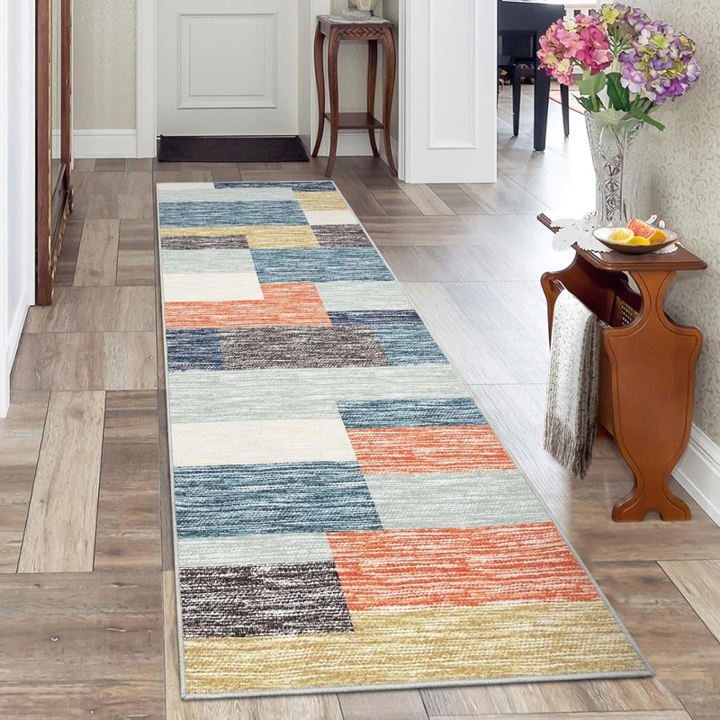 2x6 Modern Runner Rug, Geometric Patchwork, Non-Slip, Washable, Low Pile, Hallway, Foldable, Contemporary Carpet, Laundry, Gray, Camel.