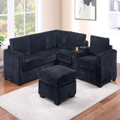 Ensemble de canapé modulaire en forme de L 4 pièces de style contemporain avec porte-gobelet à dossier en forme de C et pieds en plastique avec repose-pieds et accoudoirs carrés, finition noire, salon principal