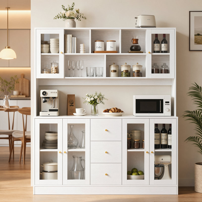 Large Kitchen Hutch Cabinet, Storage Cupboard Pantry With 4 Glass Doors, 4 Drawers & Microwave Shelf, White