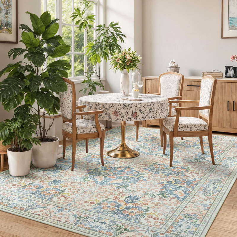 5'X7' Washable Vintage Floral Area Rug with Non-Slip Backing Beige, Rectangle 5' x 7'