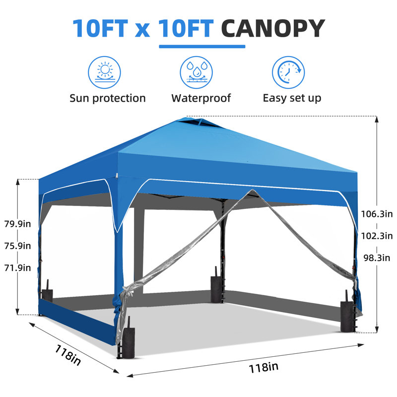 10 Ft X 10 Ft One-Push Set Up Canopy Tents With Sidewalls And Sandbags, 10 ft. W x 10 ft. D, Blue