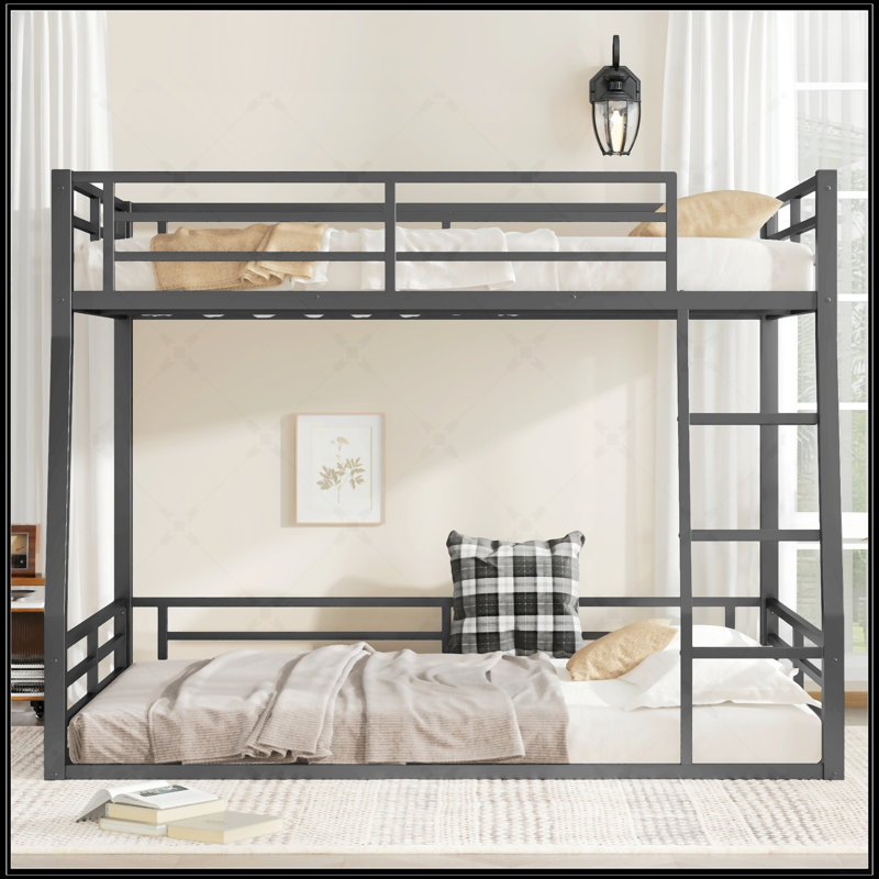 Lit superposé au-dessus de grand lit double en métal pour adolescents et adultes, peu encombrant, sans bruit de sommier, noir