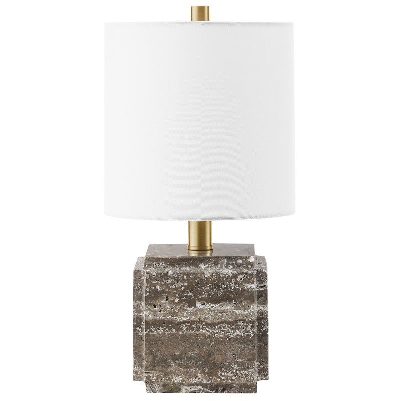 Kovac 16" Tall Stone Table Lamp with Fabric Shade in Grey Veined Travertine, Grey