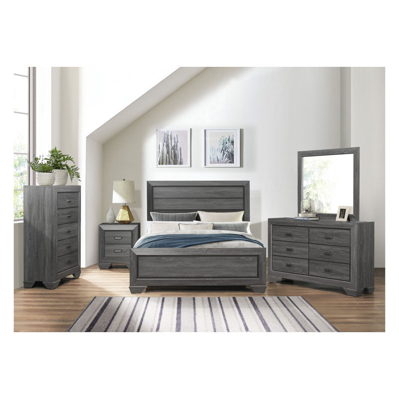 Ensemble de chambre à coucher à panneau 3-1 ans Evynn, gris, Trois pièces : lit, commode et miroir, Très grand