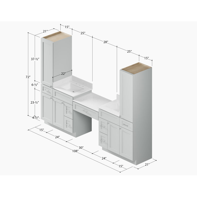 Disar 108'' Double Bathroom Vanity With Desk Linen Tall Cabinet Dovetail Solid Wood Drawer Carrara Quartz Top, Grey
