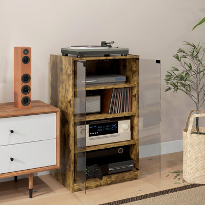 Armoire média rustique brun, 4 tablettes réglables, portes en verre, gestion des câbles pour console de jeu et de jeux vidéo