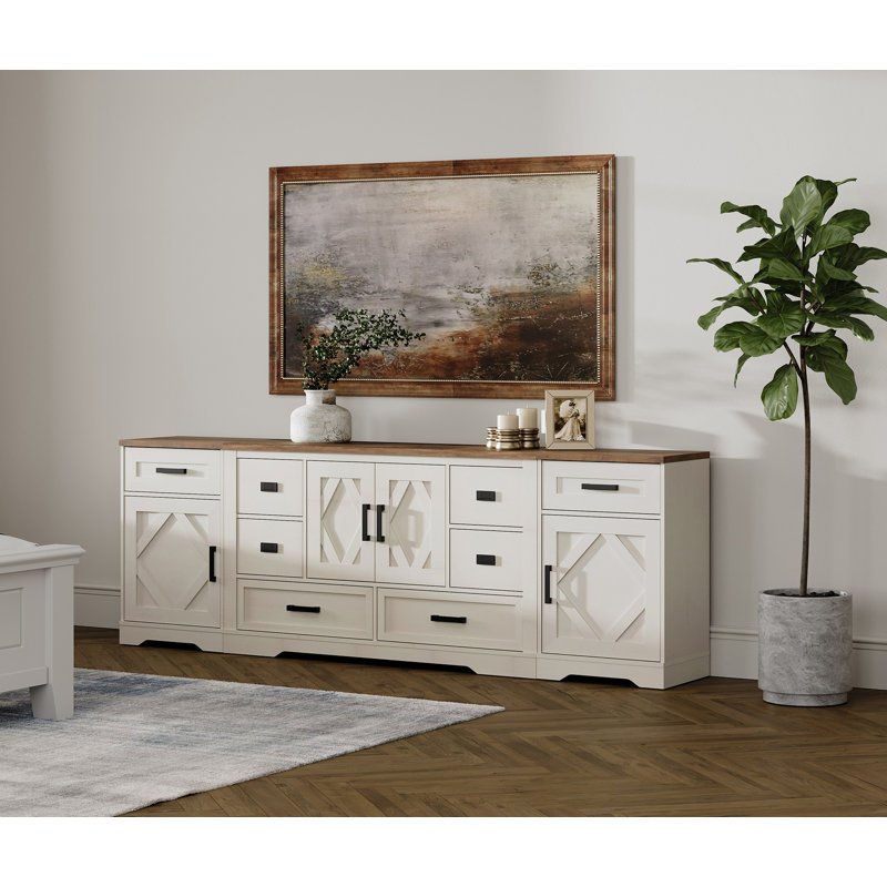 Laziza Farmhouse 93.3"W Rustic Sideboard Buffet Cabinet Combo With Barn Doors & 8 Drawers, Adjustable Shelves, Brown/White
