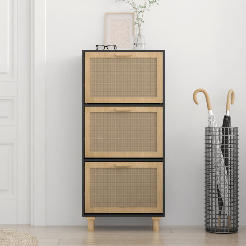 Shoe Cabinet 52x25x115 cm Engineered Wood&Natural Rattan, Black
