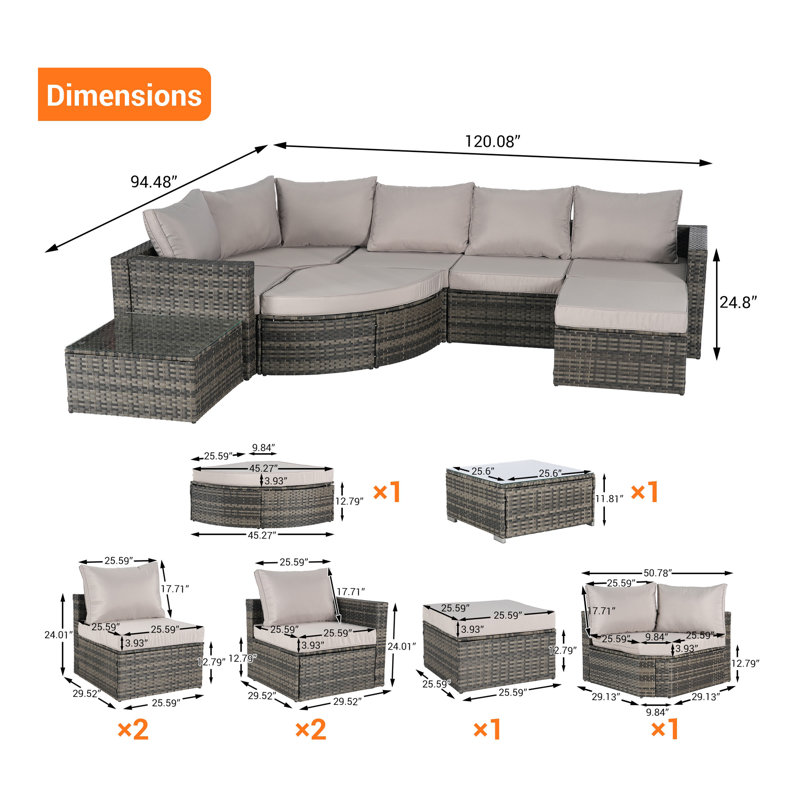 Ensemble de canapé d'extérieur 8 pièces, ensemble de conversation modulaire en forme de L en osier avec repose-pieds courbé et table en verre pour la piscine