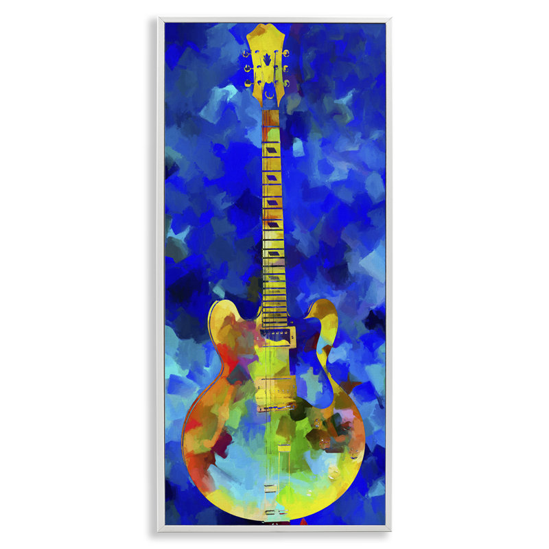 Abstrait guitare sur fond gris bleu, estampe numérique par Dan Sproul, Blanc, H 24 po x l 10 po