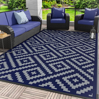 Outdoor Rug For Patio Clearance, 5'X8' Waterproof Camping Mat, Reversible Plastic Straw Rugs For RV, Camper, Balcony, Backyard, Picnic, Deck (Blue & Grey)