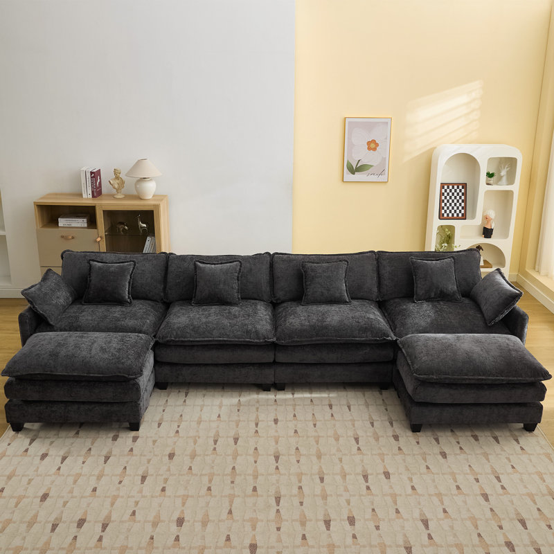Chenille Upholstered Sectional Sofa Couch with Ottoman, Dark Gray, 4 Seat + 2 Ottoman