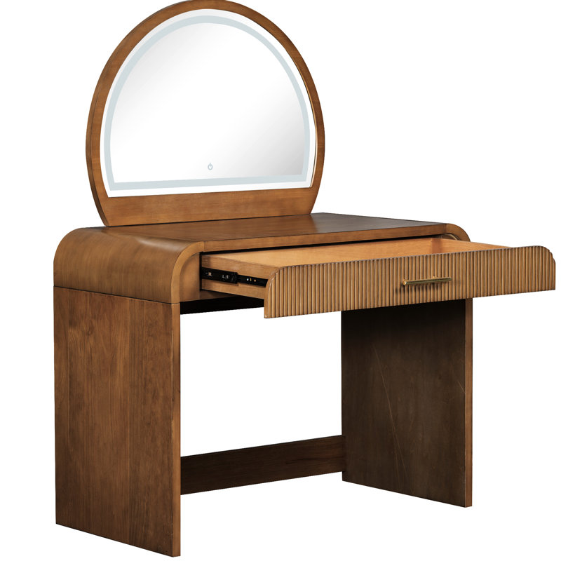 Coiffeuse de 39 po avec miroir à écran tactile éclairé et tiroir ondulé, grand espace de rangement pour les bijoux, bureau amovible, éclairage de maquillage confortable, coins courbés, design élégant, essentiels de beauté,