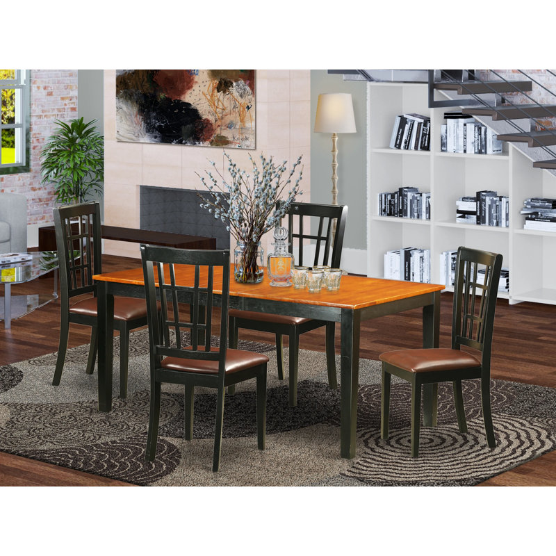 Ensemble de table à manger 5 pièces pour 4 personnes comprenant une table de salle à manger rectangulaire avec rallonge papillon et 4 chaises de salle à manger en similicuir noir et cerise
