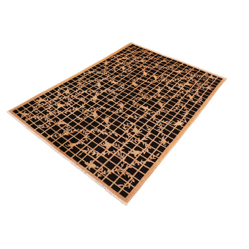 Tapis géométrique noir en laine noué à la main à motif géométrique 5 pi 10 po x 8 pi 9 po Baccio