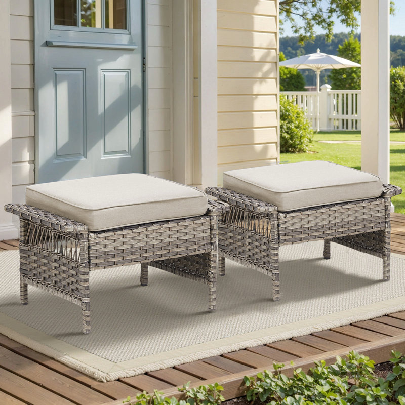 Outdoor PE Wicker Ottoman Set Of 2, Patio Gray Rattan Footrests With Beige Cushions For Backyard Or Deck, Beige