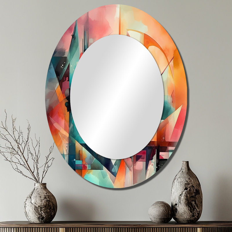 Visions rouges et vertes abstraites de l'espace - décor de miroir mural ovale rouge, 40 po x 30 po