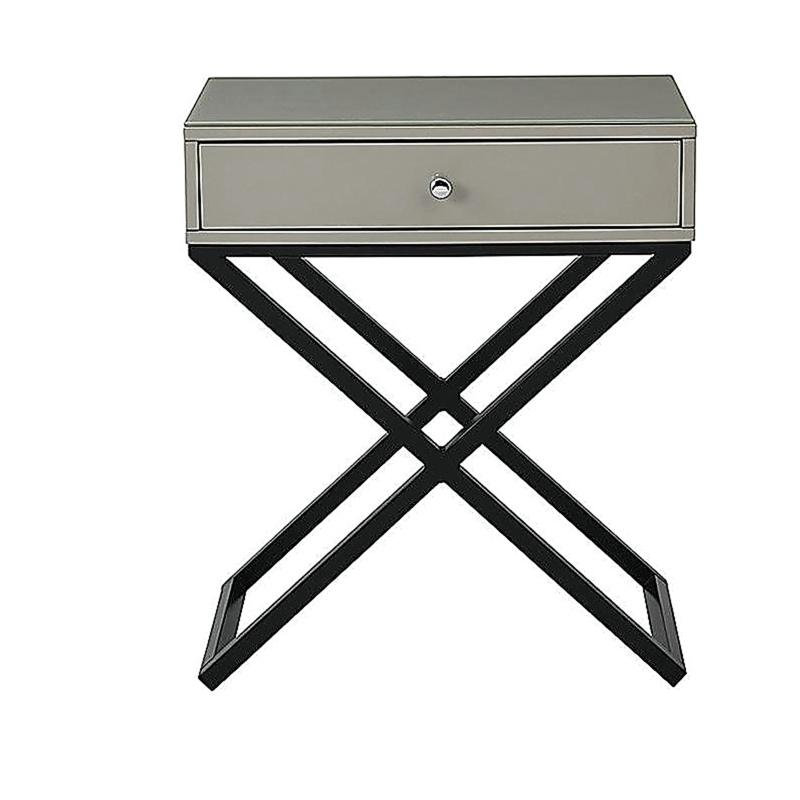 Koraldo 23"W Taupe Wooden End Side Table Nightstand with Glass Top, Drawer and Metal Cross Base, Taupe