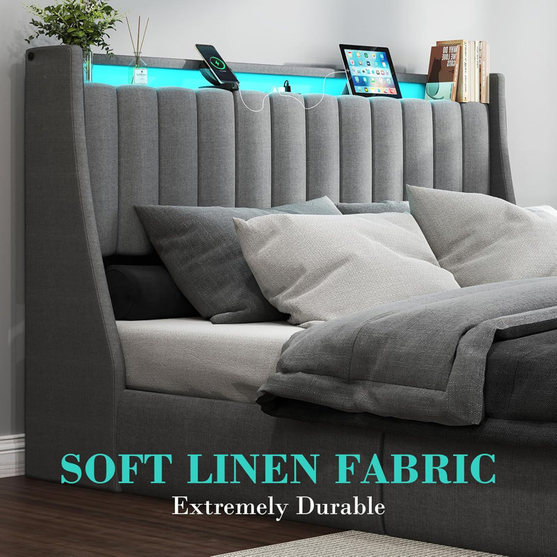 Upholstered LED Bed Frame with 2 Drawers, Bed with Storage Headboard and Charging Station
