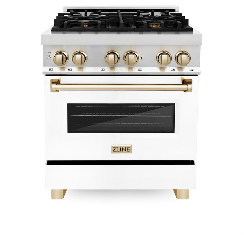 ZLINE Autograph 30" Legacy Dual Fuel Range w/ 4 Burners & White, Polished Gold