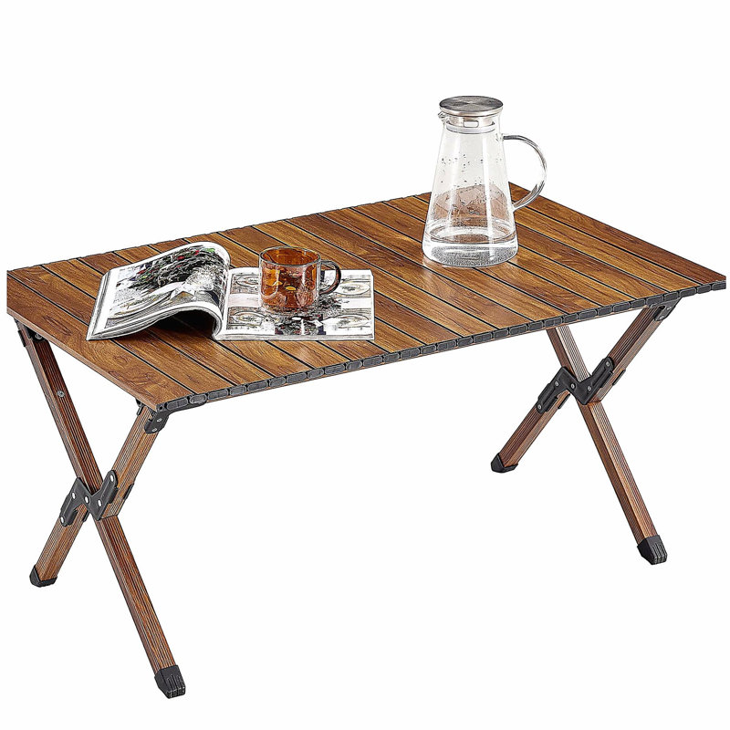 Table pliante d'extérieur 1 pièce, table rectangulaire en aluminium légère pour rouler à l'intérieur, en plein air, pique-nique, plage, cour, barbecue, fête, patio, brun