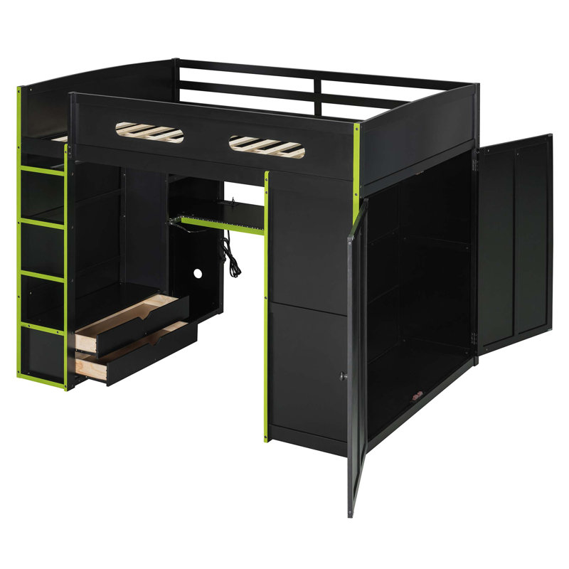 Lit mezzanine double pleine grandeur avec bureau intégré, éclairage RVB et grand espace de rangement, Vert ; noir