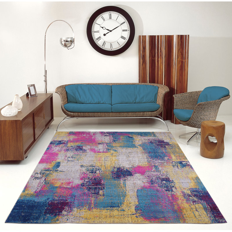 Tapis abstrait gris / bleu Drennon, Rectangulaire 5 pi 3 po x 7 pi 6 po