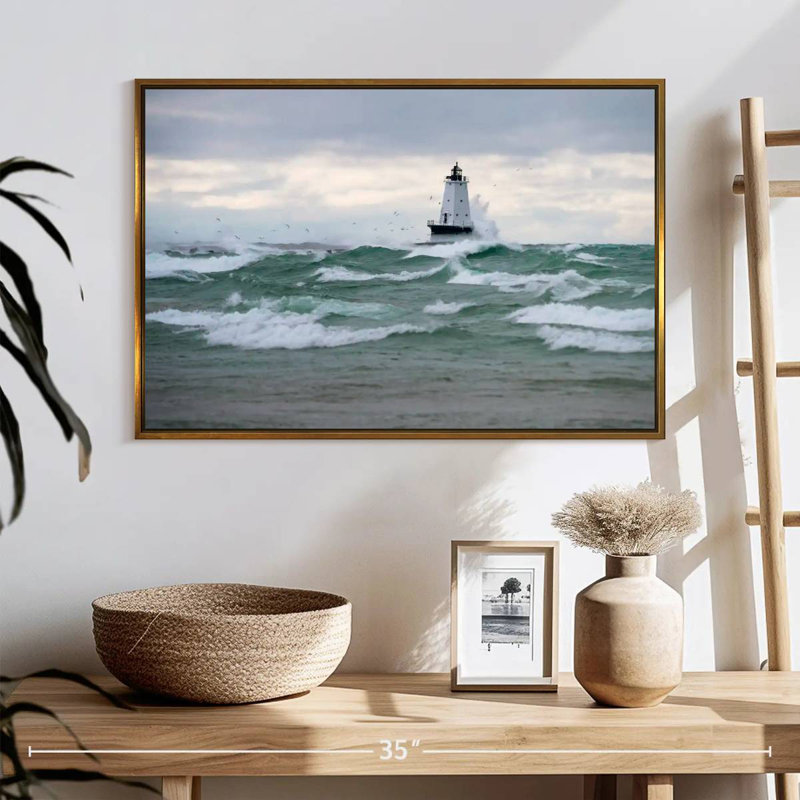 Storm Battered Lighthouse, 25" X 17", Floating Frame Gold