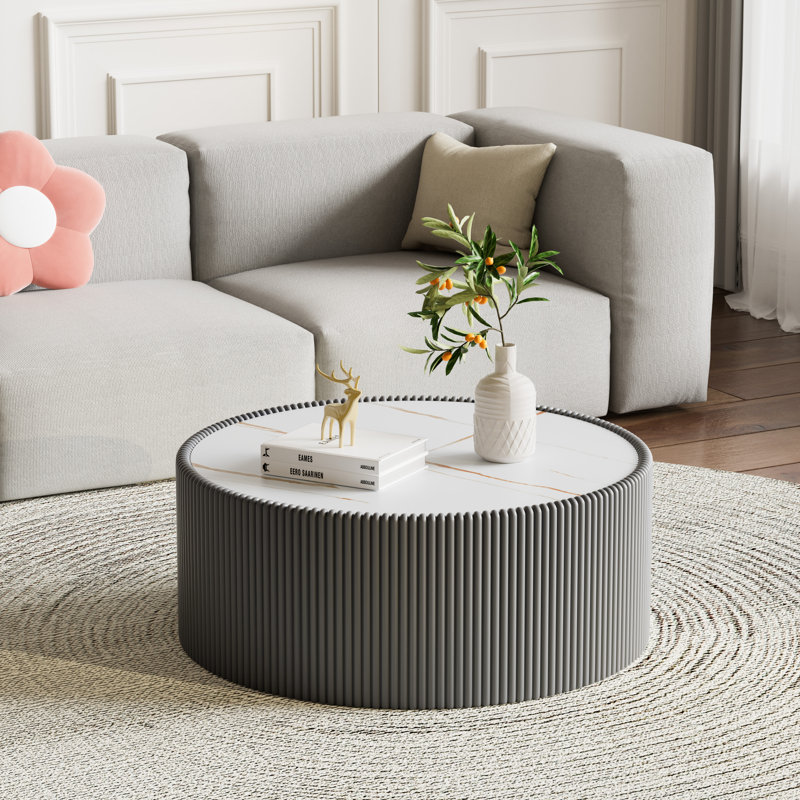 Table basse moderne en cuir clair avec plateau en marbre, H 15 po x L 30 po x l 30 po, Gris