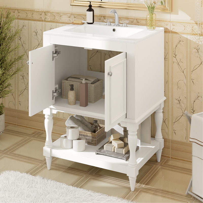 Meuble-lavabo de luxe moderne de 24 pouces avec lavabo en céramique, sculptures ornées sur les pieds, double rangement pour des options polyvalentes de style rétro ultrabrillant, fonction de déversement, solutions intelligentes