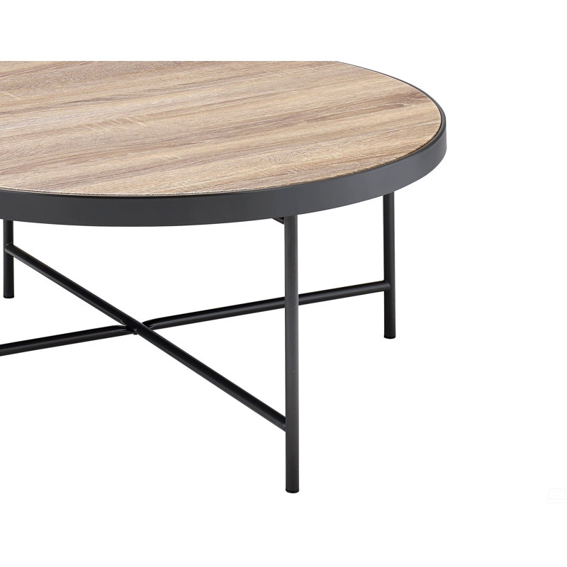 Table basse ronde en bois avec structure en métal, chêne gris vieilli