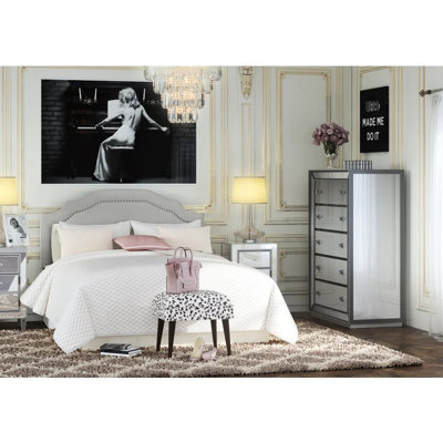 Queen Headboard, Grey Fabric Covering, Iron Construction, Adjustable 52.5"X60.42"X3 Headboard - Size, Soft Upholstery, Frame, 5 Inches, Nailhead Trimmed,