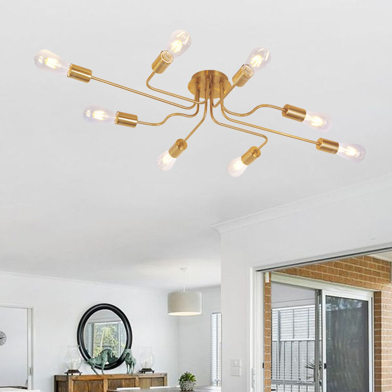 Plafonnier semi-encastré à 8 lumières 44 po Gearheart, Laiton brossé