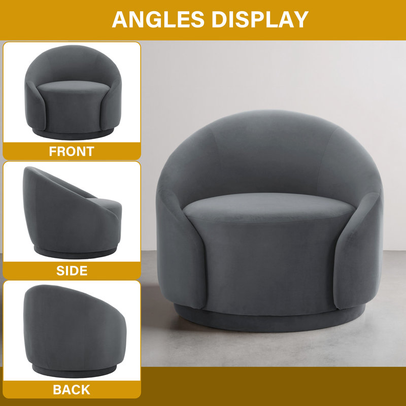 Fauteuil demi-tonneau pivotant rembourré Aunna, Velours gris velours