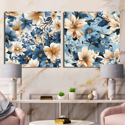 Blue Retro Finesse Floral Motif III - ensemble de 2 collages floraux carrés