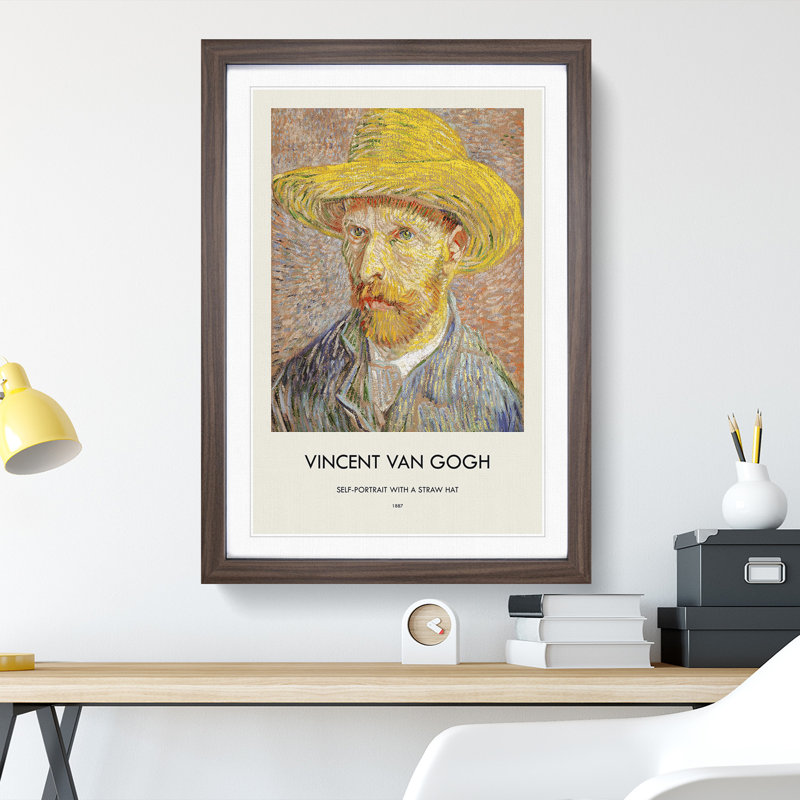 Self Portrait with a Straw Hat by Vincent Van Gogh - Picture Frame Painting, Walnut, 36cm H x 27cm W x 2cm D