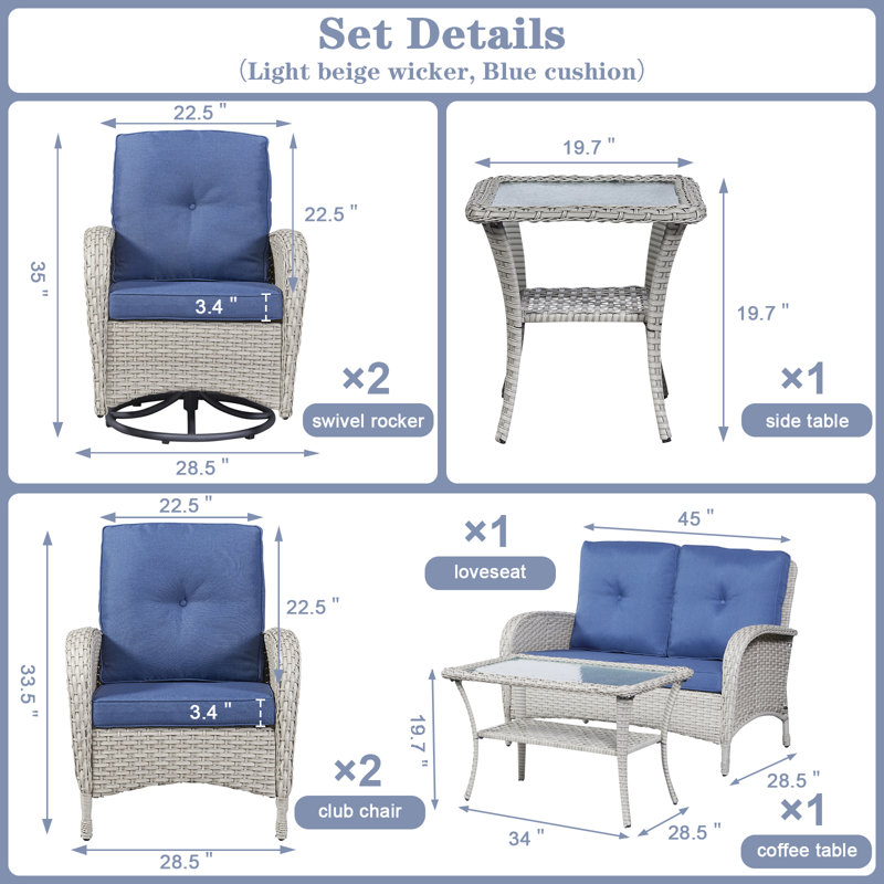 Wicker 6 - Person Patio Conversation Set with Cushions, Gray, Blue