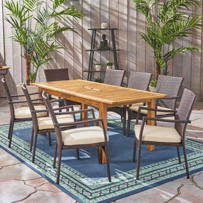8 - Person Acacia Patio Dining Set with Extendable Rectangular Table , Cushions Included