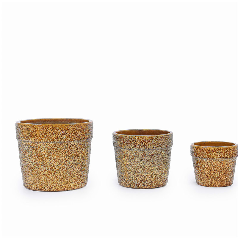 Handmade Ceramic Planter Set of 3, 15/12/9 Inch Diameter, Earth-Tone Speckled Glaze, for Orchids & Indoor Plants, Windowsill & Bookshelf Use, Breathable Clay