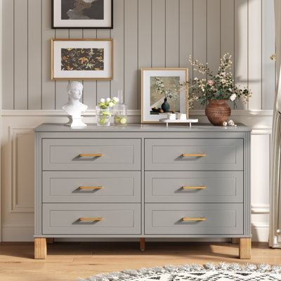 6-Drawer Double Dresser In Gray, Modern Storage Cabinet With Metal Handles & Solid Wood Legs, Heavy-Duty Wooden Organizer For Kids And Adults