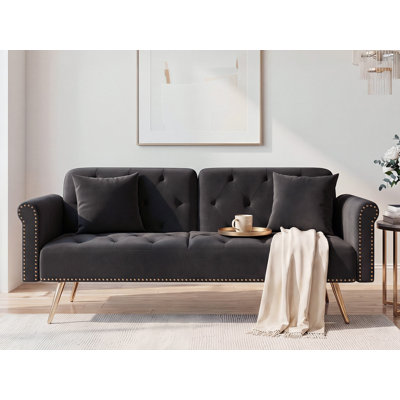 Canapé convertible en velours 69 po, canapé-lit futon avec 2 coussins carrés, dossier réglable pour le salon