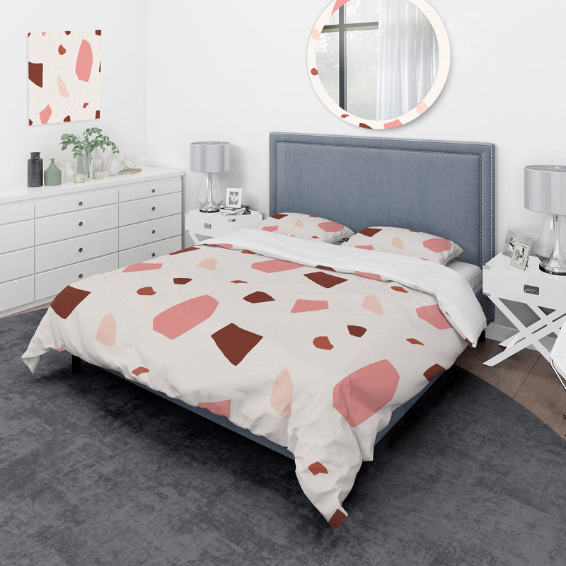 Ensemble de housse de couette rose et brun Terrazzo II - Mid-Century moderne - Polyester microfibre