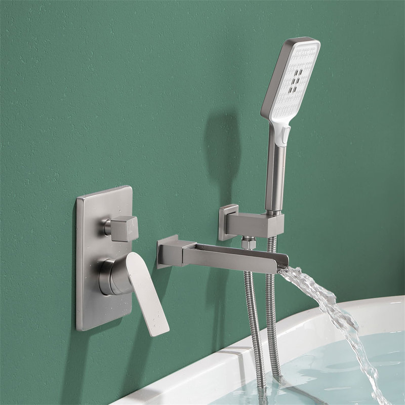 Wall Mounted Waterfall Tub Faucet with Hand Shower 1 Handle Bathtub Faucet Brass, Brushed Nickel