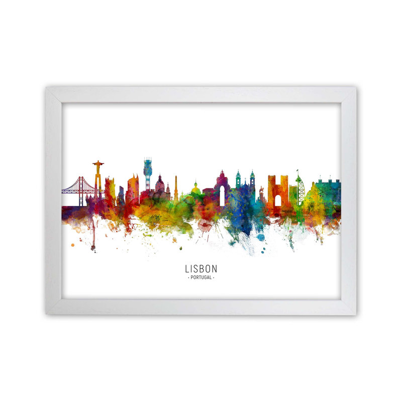 Lisbon Portugal Skyline by Michael Tompsett - Print, 46cm H x 63cm W x 3cm D, White Framed