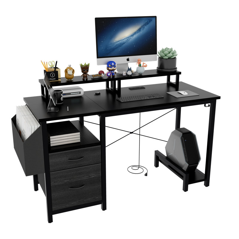 47.3"Office Desk With Power Outlet,2 Monitor Stands,2 Drawers,Side Pocket,Easy To Assemble,Frame Stability Reversible,Use For Home Desk, Computer Desk, Game Table