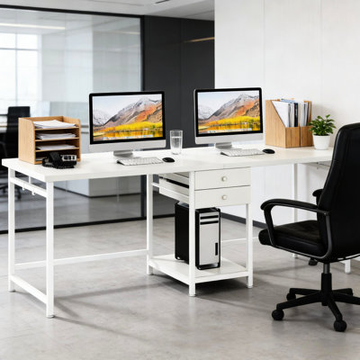 Bureau double extra large pour études, jeux et travail de bureau, deux tiroirs, une étagère ouverte, des crochets en fer, des pieds réglables, idéal pour une utilisation sur ordinateur, au bureau ou pour étudier. Conception multifonctionnelle.