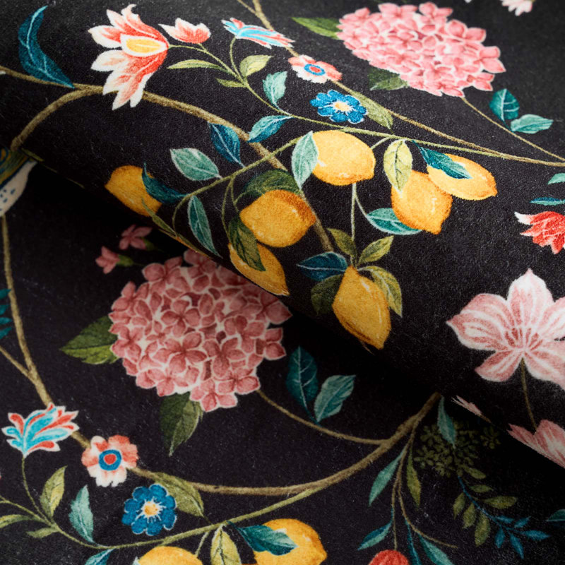 Botanical Floral Washable Non-Slip Area Rug, 5'x 7', Black