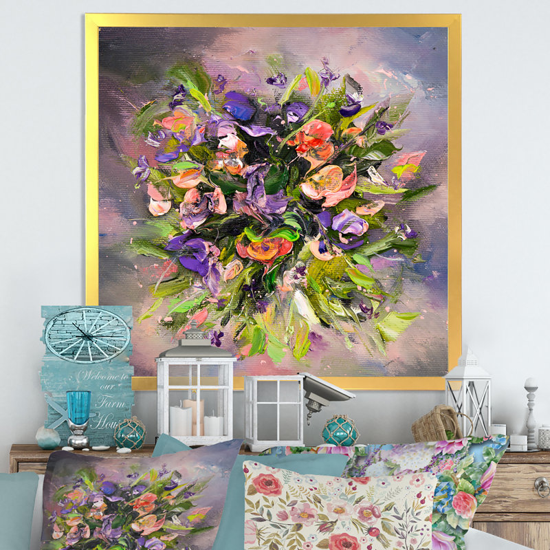 Abstrait fleurs mauves et vertes - art mural traditionnel sur toile, H 16 po x l 16 po x P 1 po, Toile encadrée dorée
