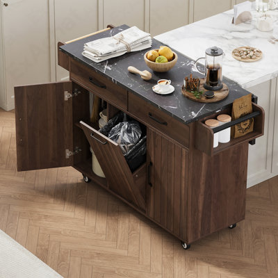 Îlot de cuisine avec armoire de rangement pour poubelle, chariot de cuisine avec abattant, support à épices, porte-serviettes et tiroir, îlot de cuisine sur roulettes avec tablette réglable, brun noyer